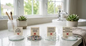 Checklist showing synthetic chemicals omitted from organic and natural toothpaste formulas.
