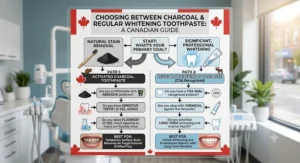 Decision guide helping Canadians choose between charcoal toothpaste and regular whitening toothpaste