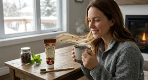 Illustration showing how clove essential oil toothpaste provides relief for sensitive teeth when enjoying hot drinks.