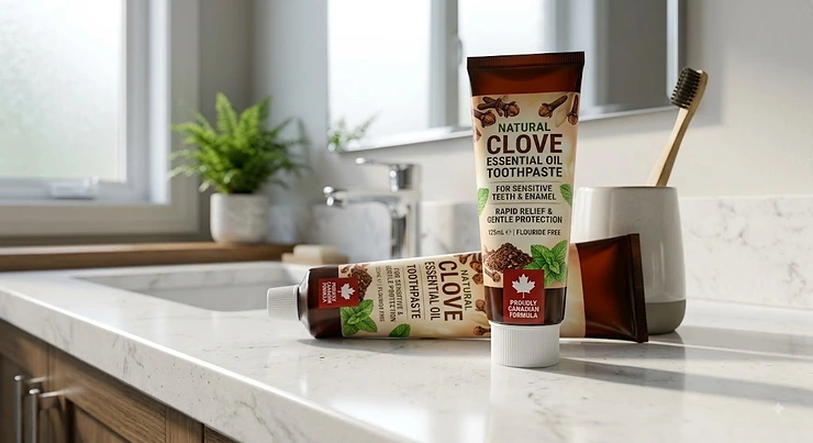 A tube of natural clove essential oil toothpaste for sensitive teeth on a clean bathroom counter in Canada.