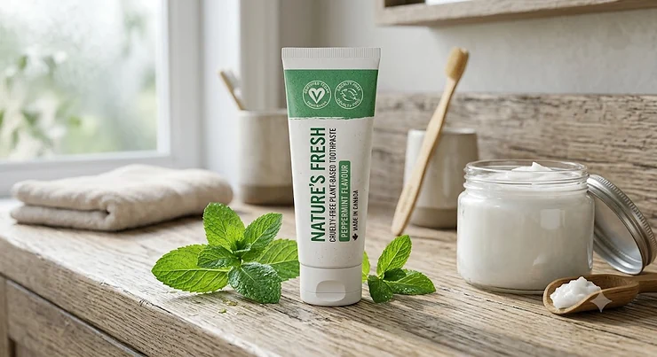 Fresh mint leaves, coconut oil, and a tube of cruelty-free plant-based toothpaste on a wooden counter.