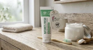 Recyclable eco-friendly tube packaging for cruelty-free plant-based toothpaste placed next to a bamboo toothbrush.