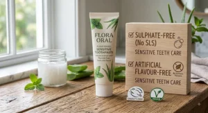 Cruelty-free and vegan certification icons next to a tube of soothing plant-based toothpaste for sensitive teeth.