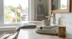 Complete oral hygiene setup featuring hydroxyapatite toothpaste, dental floss, and an eco-friendly bamboo brush.