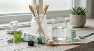 Illustration showing a healthy daily dental routine using vegan plant-based toothpaste