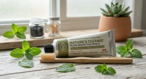 Recyclable tube of plant-based toothpaste alongside a bamboo toothbrush