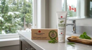 Recyclable tube and carton of natural tea tree oil toothpaste designed for sustainable Canadian lifestyles.