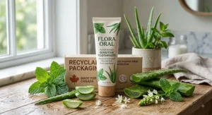 Recyclable cardboard packaging for a plant-based toothpaste for sensitive teeth, promoting sustainable oral care in Canada.