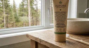 Close-up of clean ingredients list on a tube of essential oil toothpaste sold in Canada