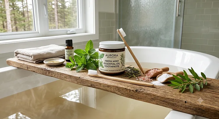 Natural essential oil toothpaste made with peppermint and tea tree oil on a wooden bath tray