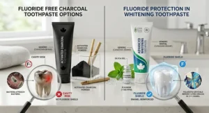 Infographic highlighting fluoride protection in whitening toothpaste versus fluoride free charcoal options
