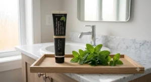 Fresh peppermint leaves next to a tube of fluoride-free charcoal toothpaste tailored for sensitive teeth.