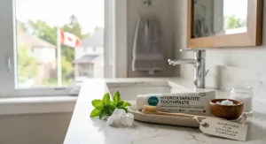 Natural ingredients alongside fluoride-free hydroxyapatite toothpaste approved for Canadian families.