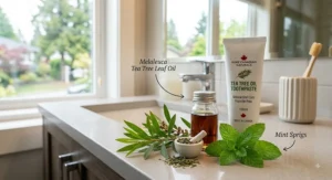 Natural ingredients like Melaleuca tea tree leaf oil and mint sprigs displayed alongside fluoride-free tea tree oil toothpaste.