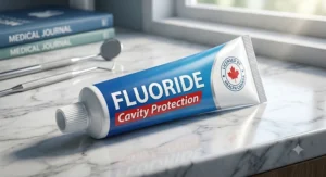 Tube of fluoride toothpaste highlighting traditional cavity prevention and remineralisation benefits.