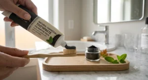 Enamel-safe charcoal whitening toothpaste squeezed onto a soft-bristle toothbrush for sensitive teeth.