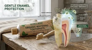 Diagram showing gentle enamel protection provided by organic whitening toothpaste