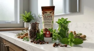An eco-friendly tube of herbal clove essential oil toothpaste surrounded by natural ingredients and fresh mint leaves.