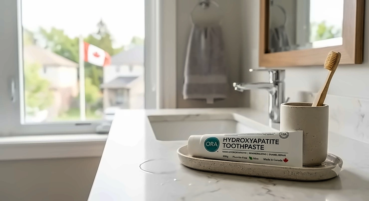 A tube of hydroxyapatite toothpaste next to a toothbrush on a bathroom counter in a Canadian home.