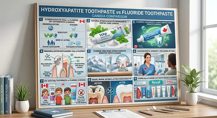 Comparison chart showing key differences between hydroxyapatite toothpaste and fluoride toothpaste available in Canada. hydroxyapatite toothpaste vs fluoride toothpaste