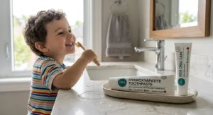 A young child brushing their teeth safely with mild-flavoured hydroxyapatite toothpaste.