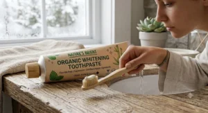 Person using organic whitening toothpaste during a daily morning oral care routine