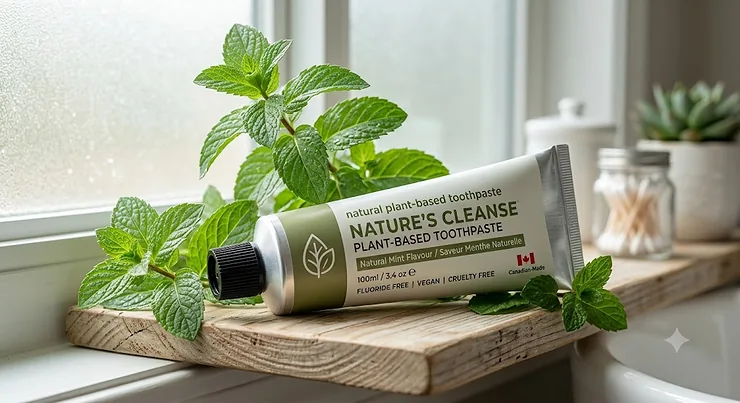 Tube of natural plant-based toothpaste displayed with fresh mint leaves
