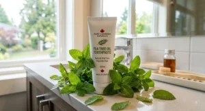 Tea tree oil toothpaste tube surrounded by peppermint leaves highlighting its refreshing natural mint flavour.