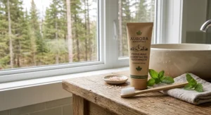 Morning bathroom sink routine featuring Canadian organic essential oil toothpaste and a wooden toothbrush