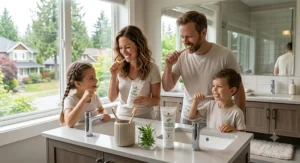 A Canadian family brushing their teeth together using gentle, plant-based tea tree oil toothpaste.