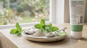 Organic toothpaste tube surrounded by raw coconut flakes, fresh peppermint, and natural xylitol crystals.