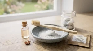 Gentle organic toothpaste formula for sensitive teeth next to soothing aloe vera gel and chamomile blossoms.