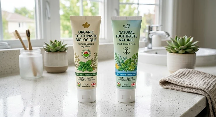 A side-by-side comparison of organic toothpaste vs natural toothpaste with Canadian bilingual packaging.