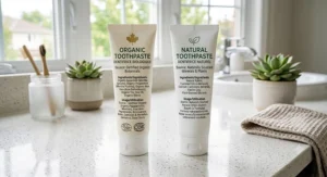 Infographic illustrating certified organic vs natural toothpaste ingredient sources and purity standards.