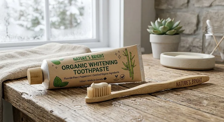 Tube of organic whitening toothpaste resting beside a sustainable bamboo toothbrush organic whitening toothpaste
