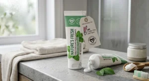 A refreshing tube of peppermint flavour cruelty-free plant-based toothpaste set in a modern Canadian bathroom.