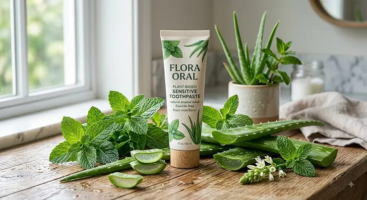 A tube of plant-based toothpaste for sensitive teeth surrounded by fresh mint leaves and aloe vera.