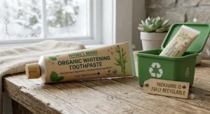 Recyclable eco-friendly packaging for organic whitening toothpaste in a modern bathroom