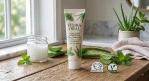 A soft-bristled bamboo toothbrush applying natural, plant-based toothpaste designed to soothe sensitive teeth and gums.