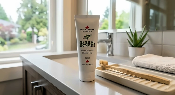 Tube of natural tea tree oil toothpaste placed beside a toothbrush on a bathroom counter in a Canadian home.