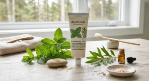 Fresh peppermint leaves and tea tree drops next to a tube of essential oil toothpaste