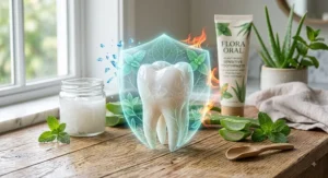 A glowing shield protecting a sensitive tooth, demonstrating how plant-based toothpaste gently protects enamel from cold and heat.