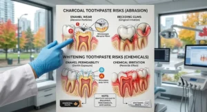 Visual guide demonstrating tooth sensitivity risks associated with charcoal and whitening toothpastes