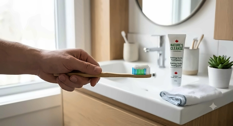 A Canadian dental care routine showing natural baking soda toothpaste on a toothbrush.