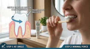 Illustration showing enamel-safe brushing techniques when using baking soda toothpaste.