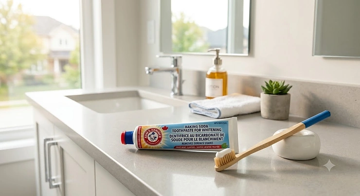A tube of natural baking soda toothpaste for whitening placed beside a toothbrush in a bright Canadian bathroom.