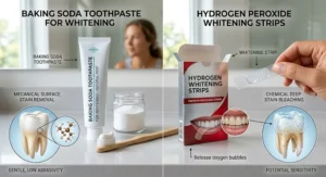 Side-by-side comparison of baking soda toothpaste for whitening versus hydrogen peroxide whitening strips.