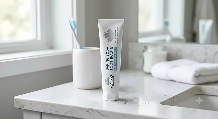 Tube of baking soda toothpaste designed for sensitive teeth on a bathroom counter