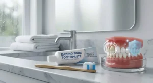 Illustration showing gentle stain removal and cavity protection using baking soda toothpaste for sensitive teeth