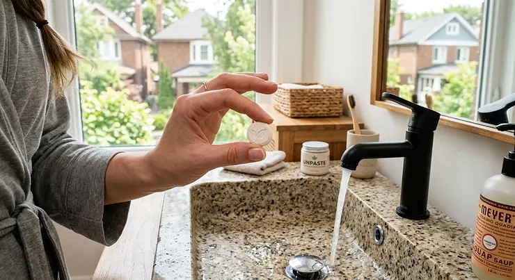 Hand holding a natural toothpaste tablet over a bathroom sink in a bright Canadian home best toothpaste tablets